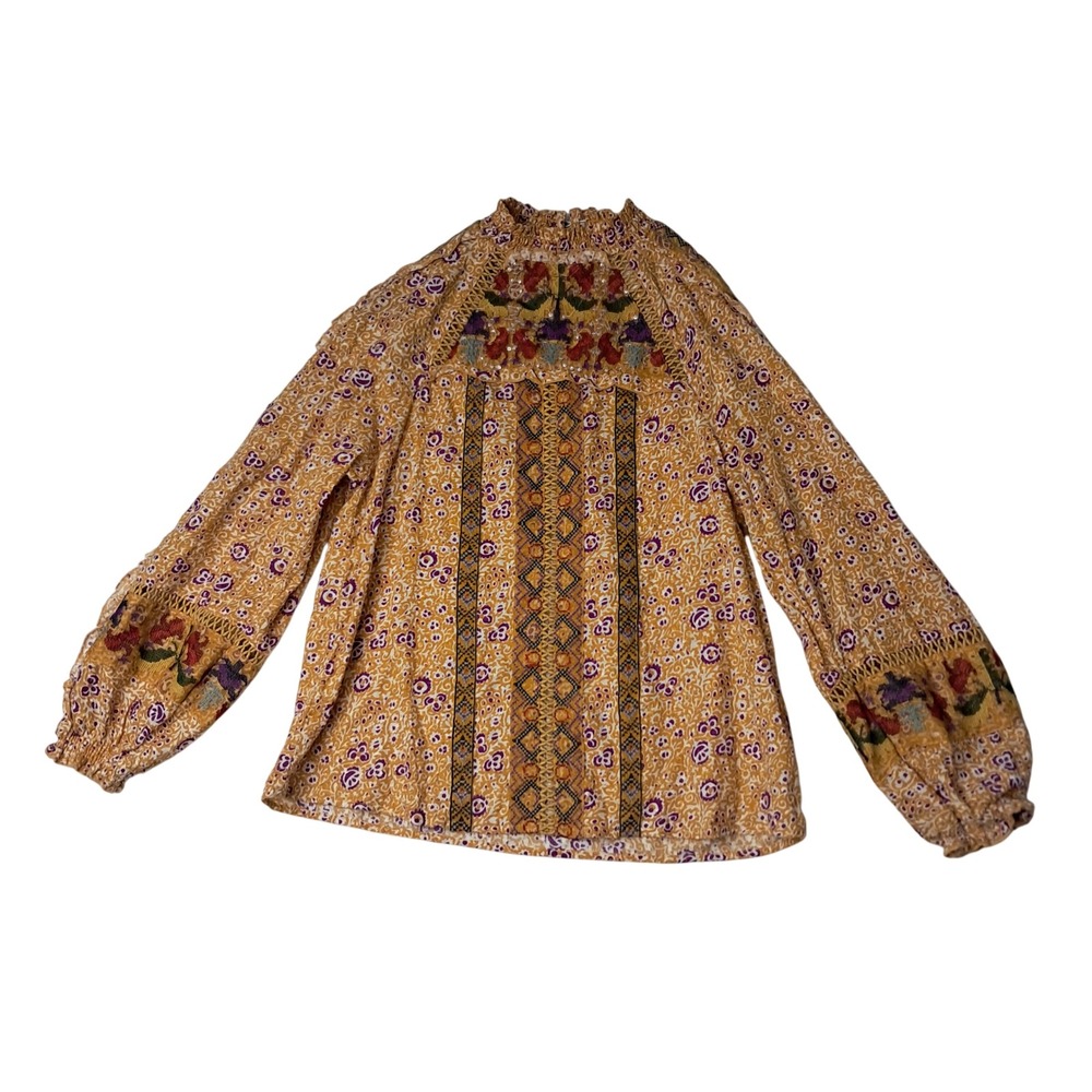 Anthropologie Maeve Goldie Top Womens 4 Yellow Floral Embroidered Mock Neck Boho